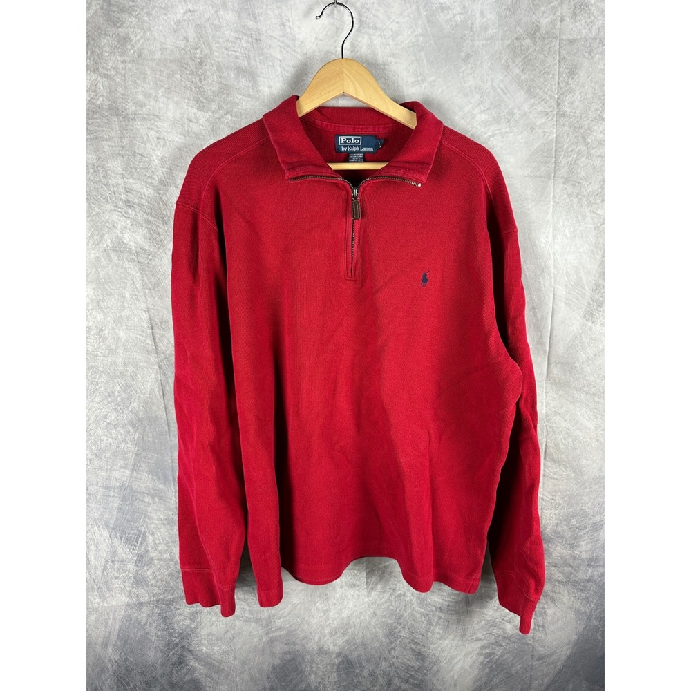 Polo Ralph Lauren‎ Red 1/4 Zip Cotton Pullover Sweater Mens Large Navy Pony Logo